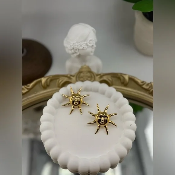 Gold Sun Face Statement Earrings – Artistic Celestial Jewelry - Picture 1 of 5